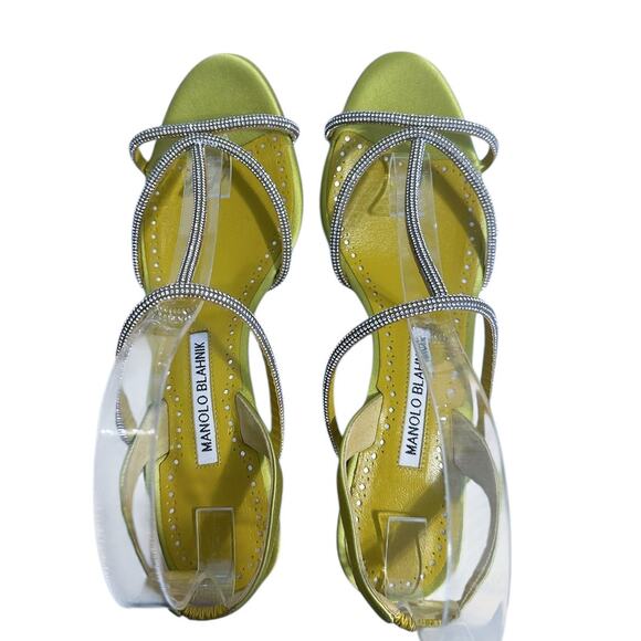 Manolo Blahnik Lucecry Satin Green Yellow Crystal Strappy High Heel Sandals 38 - Picture 6 of 14